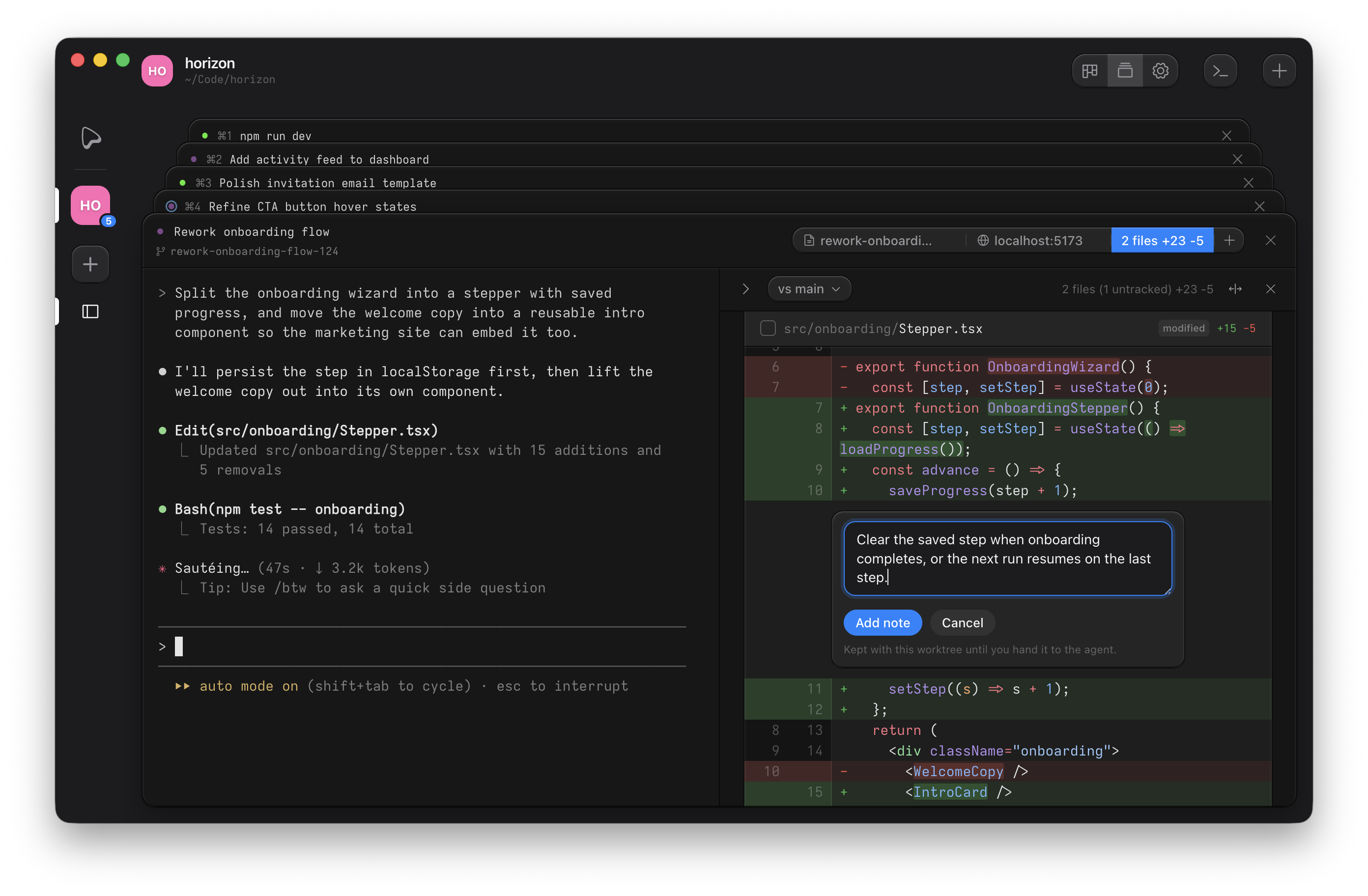 Worktree diff beside the agent terminal, with a note being written on a changed line