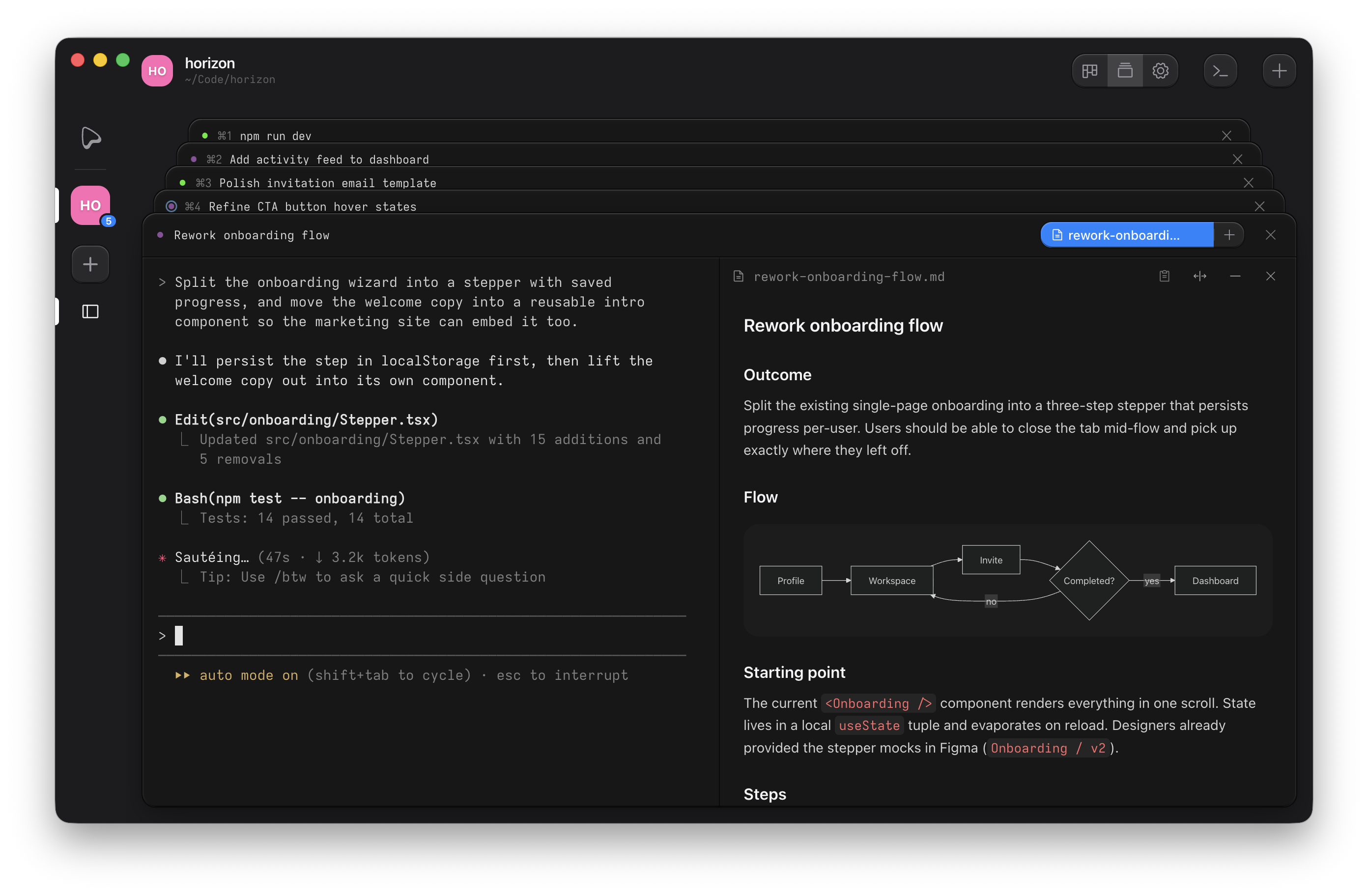 Agent terminal beside a rendered markdown plan