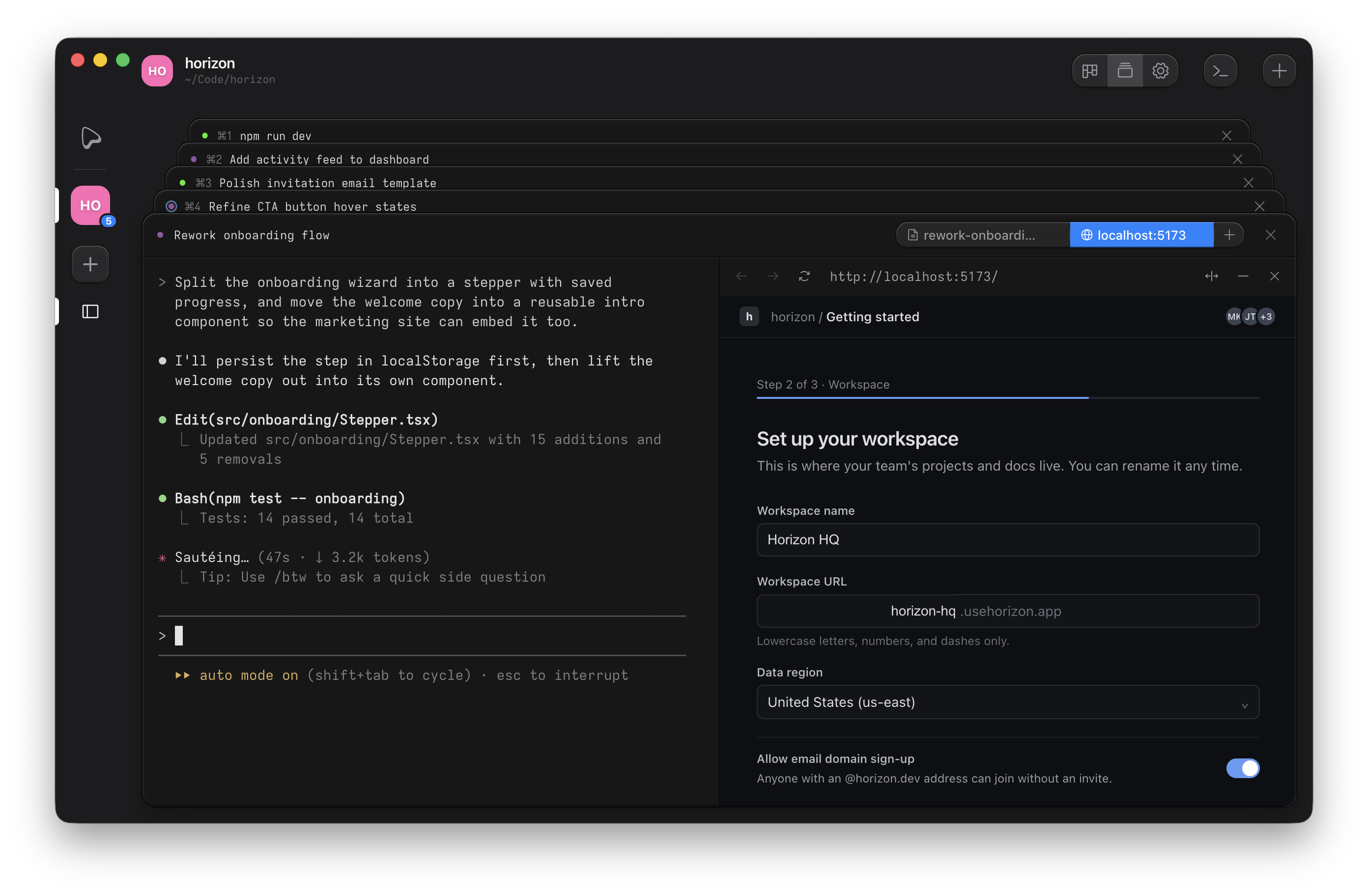 Agent terminal beside a web preview of the app it is building