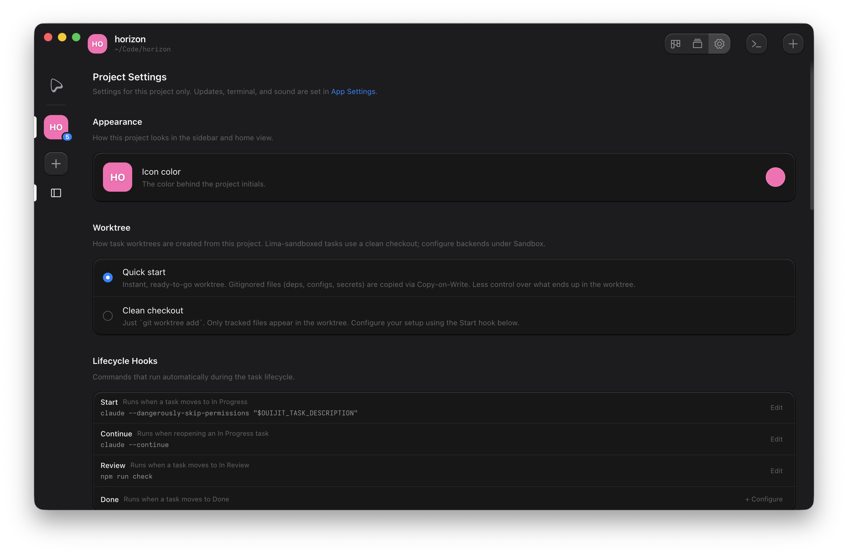 Project settings with hooks and scripts